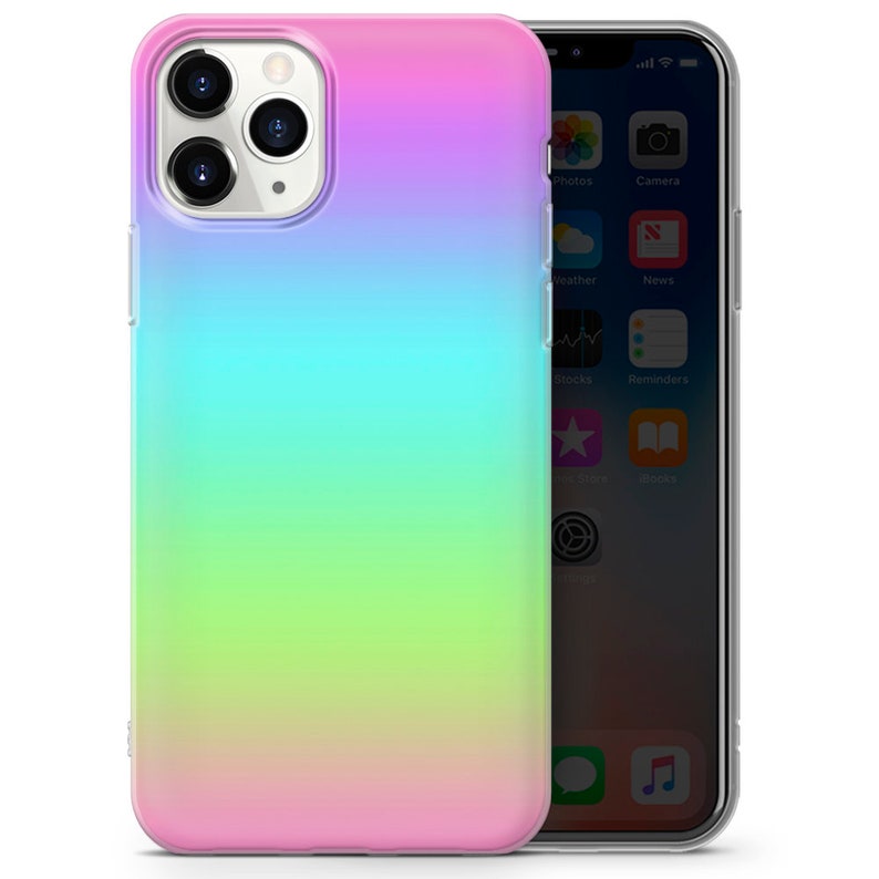 May include: A clear phone case with a rainbow gradient design. The case is made of a flexible material and has a raised lip around the camera lens to protect it from scratches.