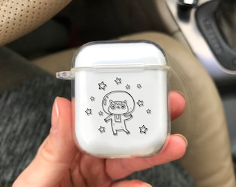Space Cat AirPods Case, Clear Funny Print, Soft TPU Gel
