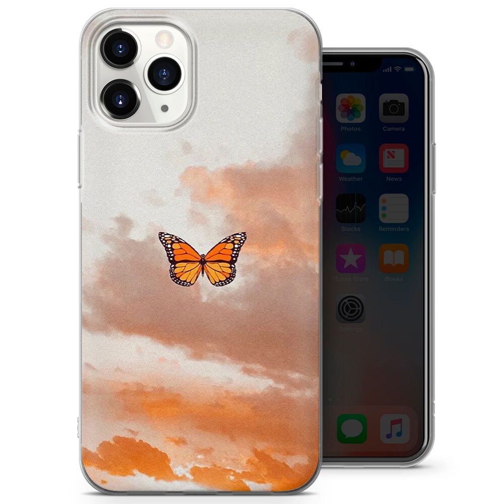 【Iphone15】蝶のデザインのスマホケース　オレンジ 蝶のスマホケース、パピヨン（iPhone 15 Pro Max、14、13、SE 2020、Xr