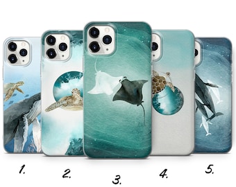 Funda para teléfono con diseño de vida marina oceánica, tortuga, ballena y mantarraya