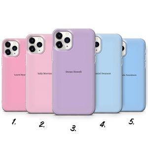 May include: Five different colored phone cases with personalized names printed on them. The cases are pink, light pink, purple, light blue, and blue.
