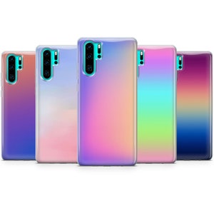 May include: Five different colored phone cases with a gradient effect. The cases are all clear and show the phone's color through the case. The colors are purple, pink, green, blue, and a combination of pink, purple, and blue.
