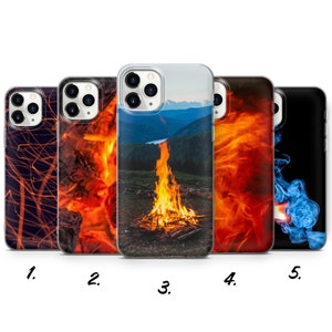 May include: Five different iPhone cases featuring various fire and smoke designs. The cases have a clear back with a printed design of flames, a campfire, and smoke.