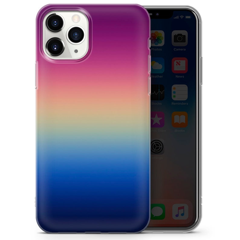 May include: A clear phone case with a gradient design that transitions from purple to pink, yellow, and blue. The case is designed to fit an iPhone.