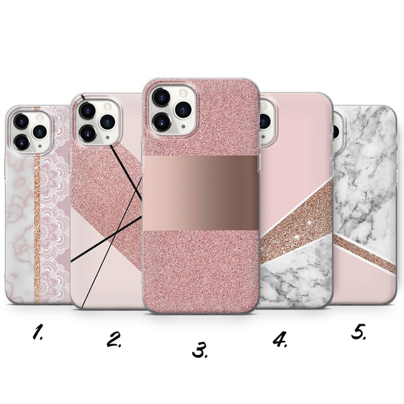May include: Five different phone cases with pink glitter, marble, and geometric designs. The cases are all for the iPhone 12 Pro Max.
