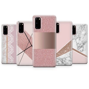 May include: Five different phone cases with pink glitter, marble, and geometric designs. The cases are all for the Samsung Galaxy S20 FE.