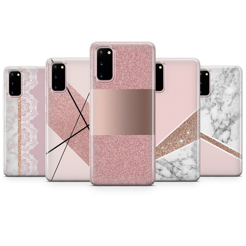 May include: Five different phone cases with pink glitter, marble, and geometric designs. The cases are all for the Samsung Galaxy S20 FE.