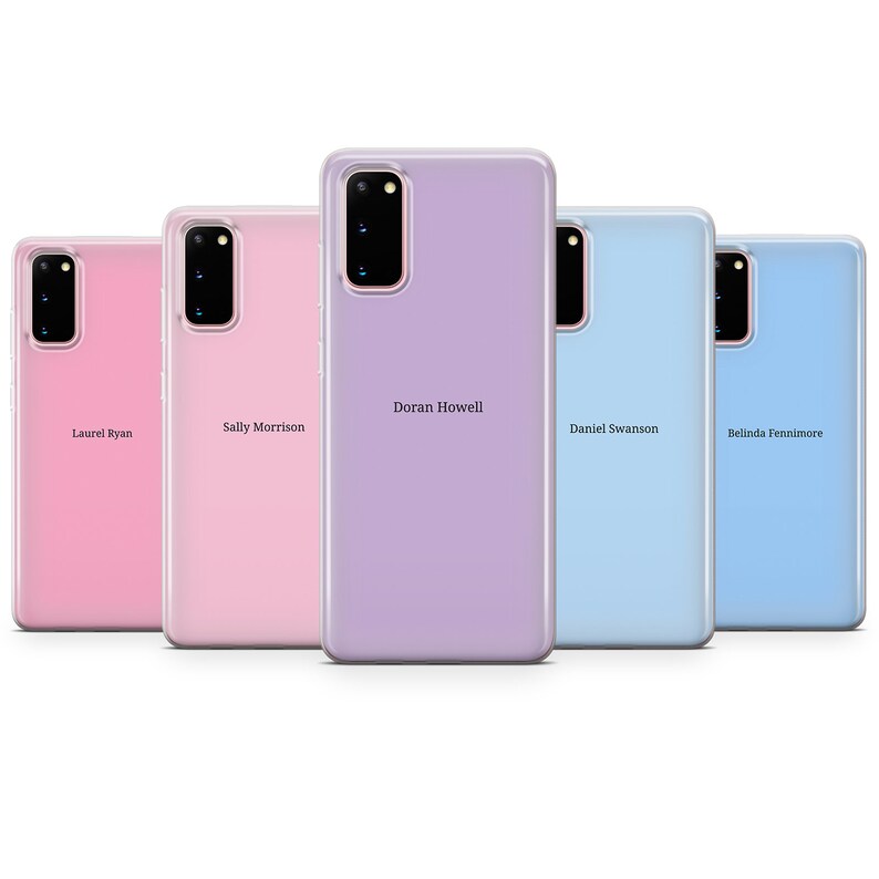 May include: Five clear phone cases with different colored backgrounds and personalized names. The cases are pink, purple, light blue, and blue. The names are Laurel Ryan, Sally Morrison, Doran Howell, Daniel Swanson, and Belinda Fennimore.