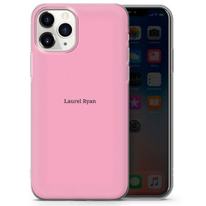 May include: A pink phone case with a clear back and a clear front. The case has a black inscription that reads "Laurel Ryan".