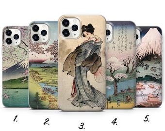 Capa para celular com arte japonesa, estampa de gueixa em flor de cerejeira e Monte Fuji.