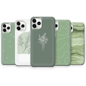 Capa para celular floral verde sálvia, arte minimalista em linhas.