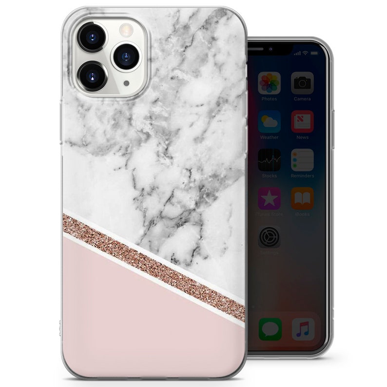 May include: A clear phone case with a white marble design and a pink and gold glitter accent. The case is designed for an iPhone.