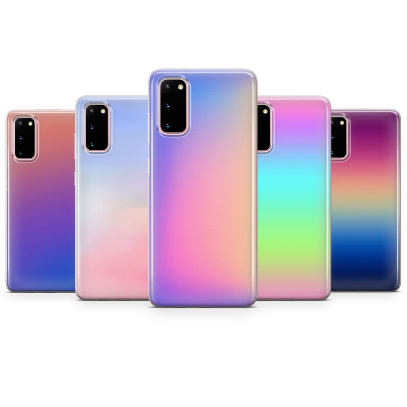 May include: Five clear phone cases with a gradient color design. The cases are in shades of pink, blue, purple, green, and orange.