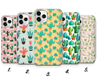 May include: Five different phone cases with cactus designs. The cases are all clear and have a variety of cactus patterns in pink, green, and yellow.