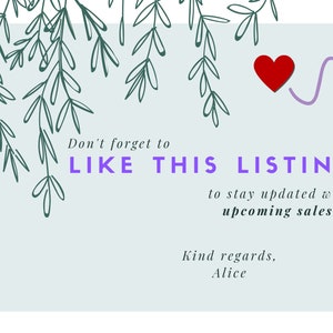 May include: A light blue background with a purple heart and a purple squiggly line. The text "Don't forget to LIKE THIS LISTING to stay updated with upcoming sales! Kind regards, Alice" is written in black text. A purple planet with a smiling face and the text "Planet of Alice" is in the bottom left corner.