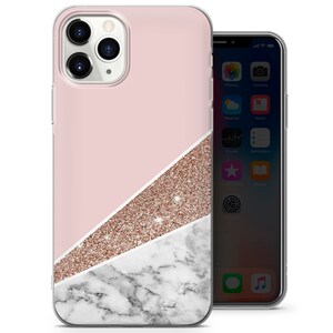May include: A pink, white, and gold glitter iPhone case with a marble design. The case has a clear back and a raised camera bump.