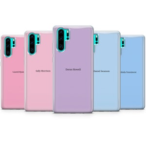 May include: Five different phone cases with personalized names. The cases are clear and have a gradient color effect. The names are printed in black text on the back of the cases. The cases are for a phone with a triple camera lens.