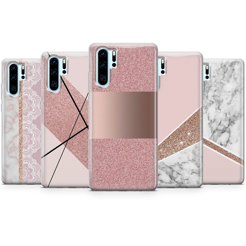 May include: Set of four phone cases with different pink and gold geometric designs. The designs include glitter, marble, and lace patterns.
