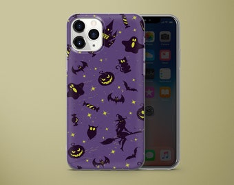 May include: Purple iPhone case with a Halloween-themed design featuring ghosts, bats, pumpkins, stars, and a witch on a broomstick.