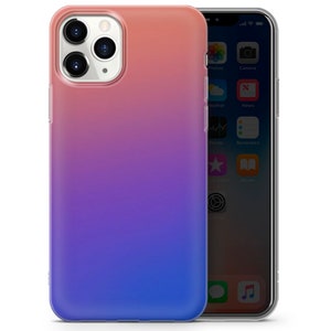 May include: A clear phone case with a gradient design that transitions from pink to purple to blue. The case is designed to fit an iPhone.