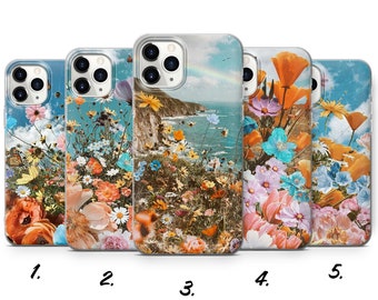 May include: Five phone cases with floral designs. Each case features a different colorful floral arrangement, including poppies, daisies, and other wildflowers, set against a backdrop of a coastal landscape with a rainbow and blue sky.