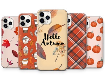 May include: Five different iPhone cases with autumn-themed designs. The cases feature a plaid pattern, a pumpkin pattern, a coffee cup pattern, a leaf pattern, and a design with the text "Hello Autumn".