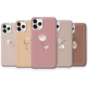 Könnte beinhalten: Satz mit fünf Handyhüllen mit verschiedenen Blumendesigns. Die Hüllen sind in den Farben Rosa, Braun und Beige gehalten. Jede Hülle zeigt eine einfache Linienzeichnung einer Blume.