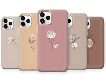 Cute Minimalist Phone Case, Beige Floral for iPhone 15 Pro Max, 14, 13, SE, Xr, 12, Xs, 11, Samsung S23, A33, S20, S10, S22, Huawei P30