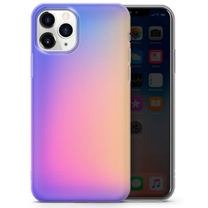 May include: A clear phone case with a gradient design that transitions from purple to pink to yellow. The case is designed to fit an iPhone.