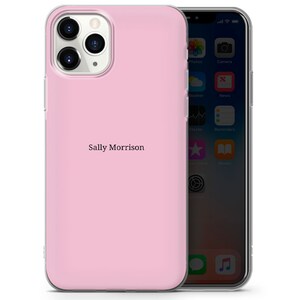 May include: A pink phone case with a clear back and a clear front. The case has a white inscription that says "Sally Morrison".