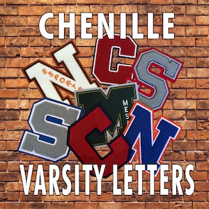May include: A collection of multi-colored chenille varsity letters featuring various fonts and borders, layered together. The letters include shades of red, blue, grey, white, and green, with some displaying text like ESPORTS and MESA. The word CHENILLE VARSITY LETTERS is printed in white at the top and bottom.