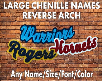 May include: Large chenille letters in a reverse arch design. The letters are in blue, red, and yellow. The text reads "Warriors", "Rogers", and "Hornets". The text "Any Name/Size/Font/Color" is at the bottom of the image.