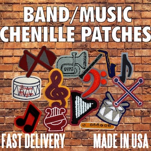 May include: A set of colorful chenille iron-on patches featuring musical instruments, notes, and drums. The patches are perfect for adding a personalized touch to band uniforms, jackets, bags, and more. The text "BAND/MUSIC CHENILLE PATCHES" is displayed at the top of the image. The text "FAST DELIVERY" is displayed at the bottom left of the image. The text "MADE IN USA" is displayed at the bottom right of the image.