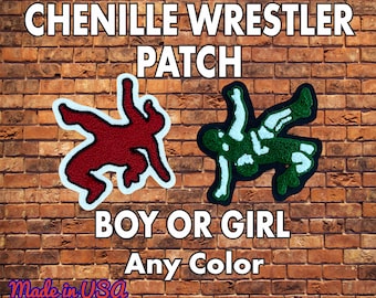 May include: Chenille wrestler patches in red and green, with white outlines, against a brick wall background. Text includes "Chenille Wrestler Patch," "Boy or Girl," and "Any Color." The phrase "Made in USA" is also visible.