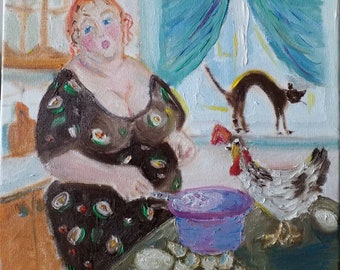 Original Oil Painting of BBW " Meriline on the Kitchen ", Fat Women with Chicken & Cat, Stretched Canvas, 12×12 Inches, Primitivism, Humor..