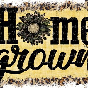 May include: A distressed, yellow background with a black and white floral design and the text "Home Grown".