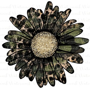 May include: A green and black camouflage daisy with a gold glitter centre.