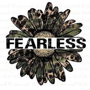 May include: A black and green camouflage daisy with a gold glitter centre. The word "FEARLESS" is written in black letters across the centre of the flower.