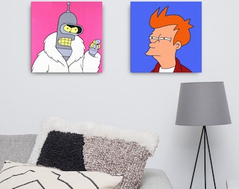 Futurama Pop Art Paintings on Canvas, 2 Paintings (PAIR) Wall Art, 14 x 14 Gallery Stretched Canvas