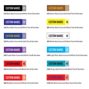 May include: A series of rectangular designs displaying "CUSTOM NAMES" and the number "45". The designs showcase various colour combinations, such as black, blue, red, and purple backgrounds with contrasting text and number colours.