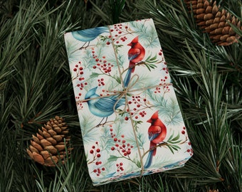 Papier cadeau Cardinal de Noël/ Papier cadeau Cardinal/ Papier cadeau Oiseau de Noël/ Papier cadeau Noël/ Papier cadeau/ Oiseau bleu