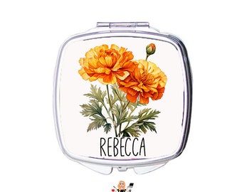 Personalized Birth Month Flower Square Compact Mirrors with Bag Holder/ Personalized Mirror/ Birth Month Flower/ Mother's Day Gift