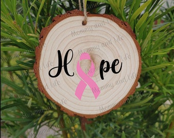 Hope Ribbon Wooden Slice Ornament/ Breast Cancer Christmas Ornament/ Cancer Survivor Ornament/ Survivor Ornament Gift