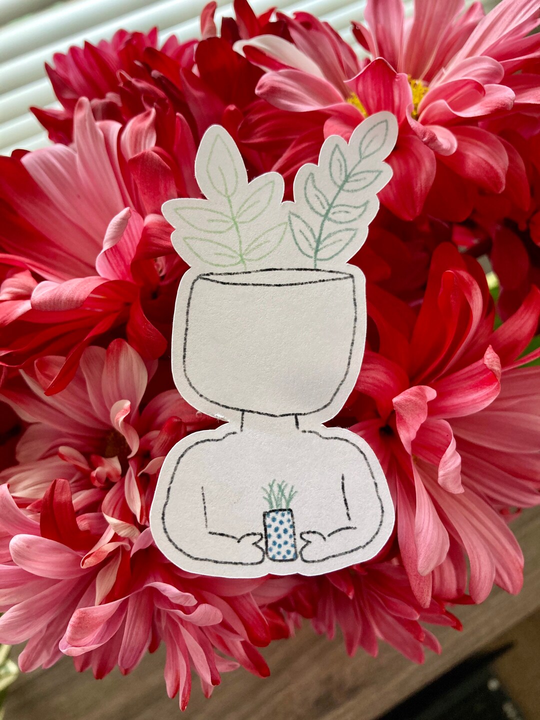 Plant Head Holding a Plant in Crayon Sketch Leaves of Green Etsy