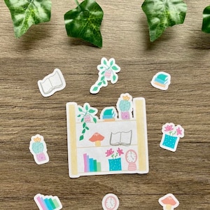 Cool Tones Bookshelf Plants and Trinkets I Set di 9 adesivi opachi I Bullet Journal, Planner, Personalize