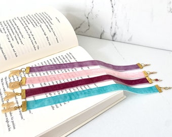 Personalized Initial Velvet Ribbon Bookmark w/ Resin Charm & Gold/Colored Charm | Gold Hardware | Initials | Birthday Gift | Cute Bookmark