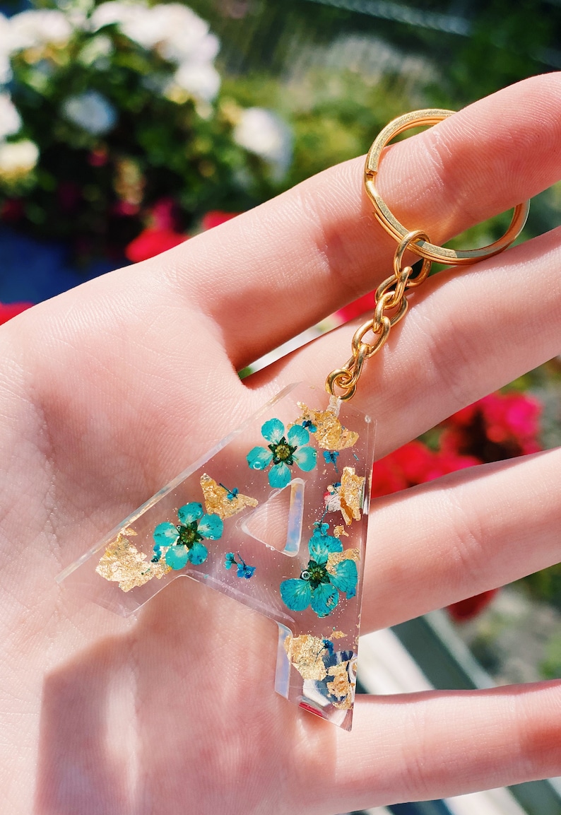 Custom Handmade Flower Resin Letter Keychain Assorted Colors Etsy