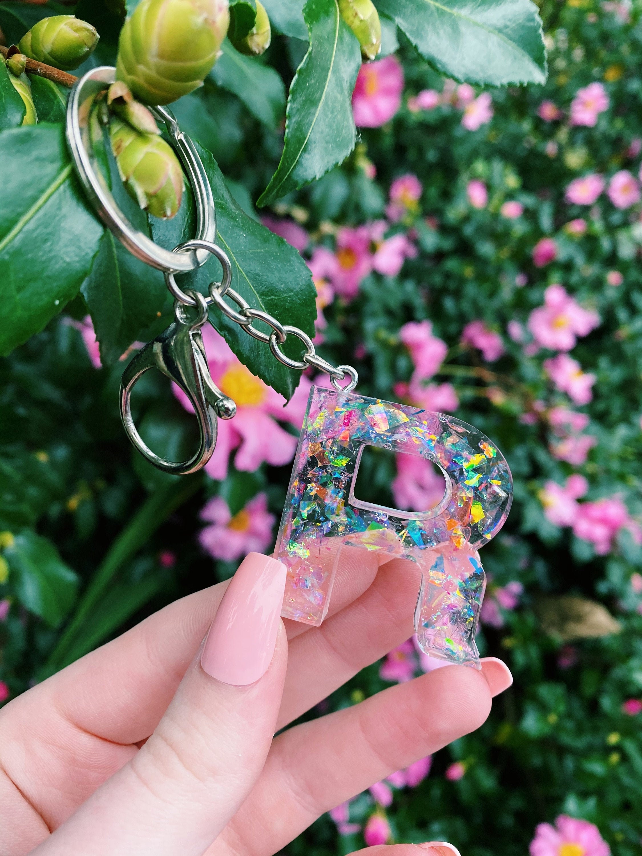 Custom Handmade Glitter Resin Letter Keychain Gold/Silver Keychain  School Backpack Charm Mothers Day Gift Bridesmaid Birthday Gift