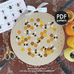 Bienenwabe, Kreuzstich, PDF-Muster, Hummel, Honig, Natur, modern, klein, geometrisch, Hexagon, lieblich, niedlich, handgemachtes Geschenk