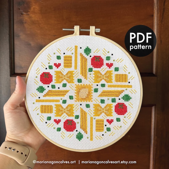 Pasta, Cross Stitch, PDF Pattern, Mini, Easy, Modern, Italy